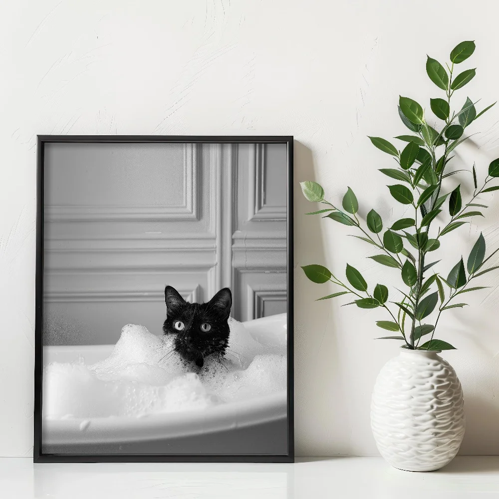 Black and White Animal Bathtub Funny Abstract Tiger Cat Fox Canvas Painting Wall Art Poster Picture Home Decor Mural Cuadros