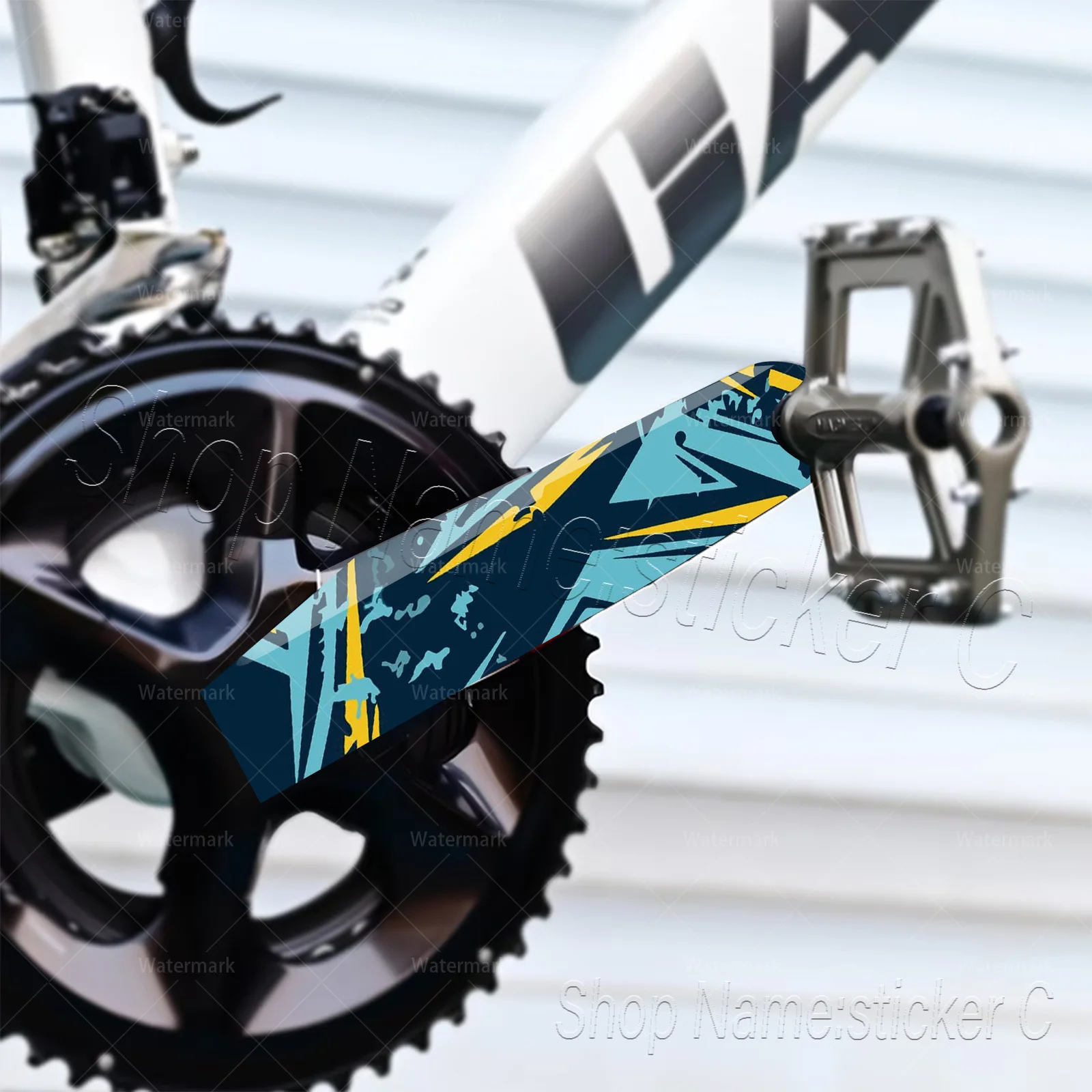 2Pcs Cyan Yellow Abstract Graffiti Crank Arm Sticker Set, Waterproof Vinyl Decal for Mountain & Road Bike