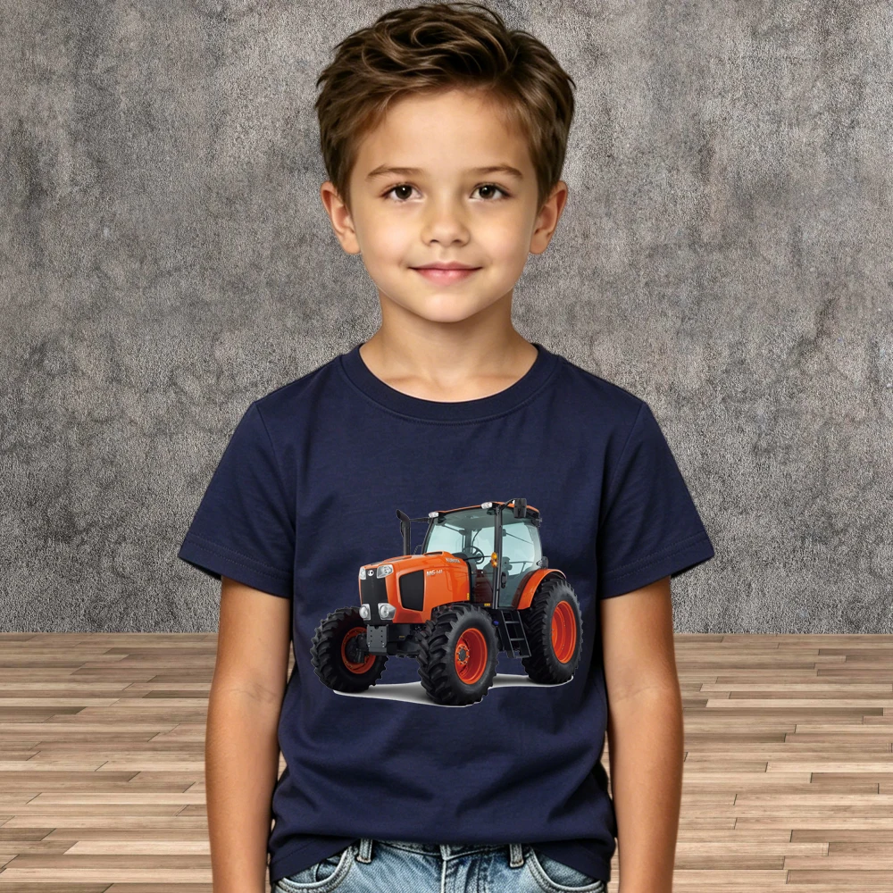 Boys Casual Summer Tops Cartoon Tractor Graphic Print Pure Cotton Children Tees Shirt