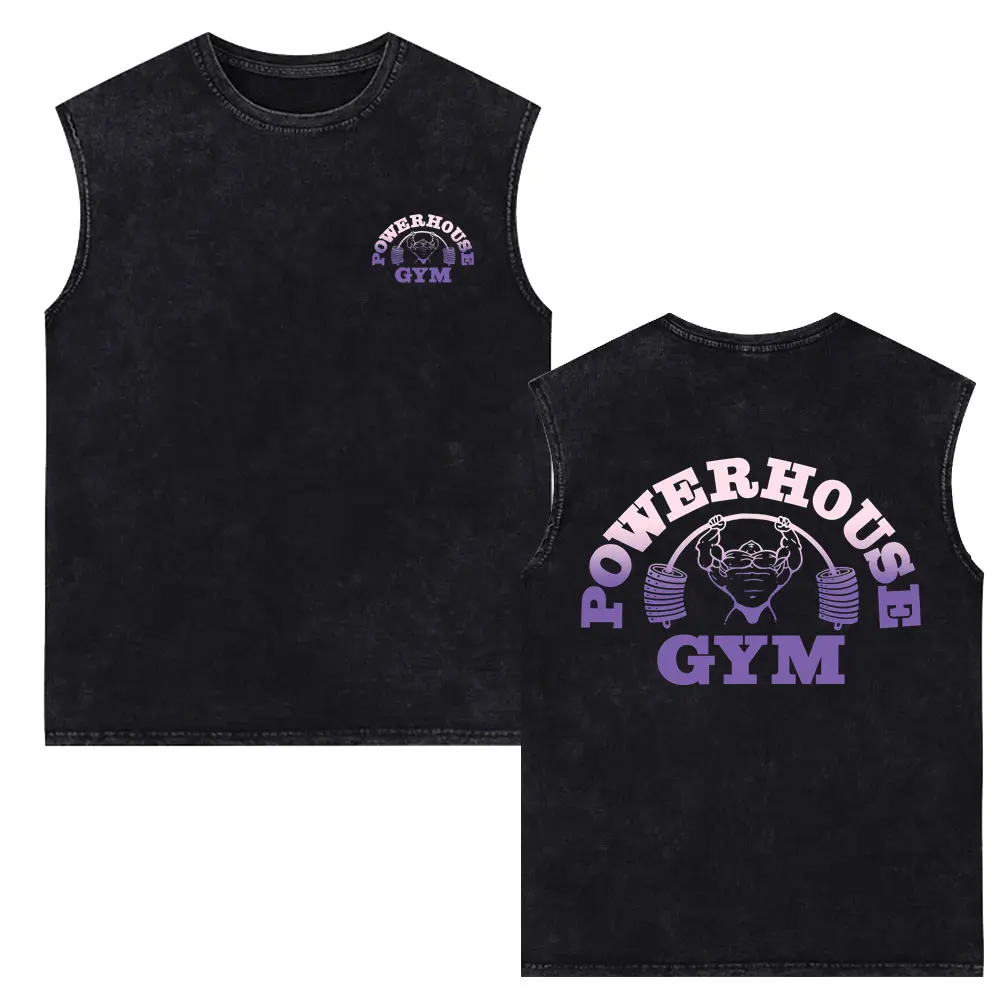Powerhouse Gym Logo Doppelseitig Bedruckte Vintage-Washed Tanktops T-Shirts für Männer und Frauen Lässige Oversized Geek Fitness Westen T-Shirts – Detail 5