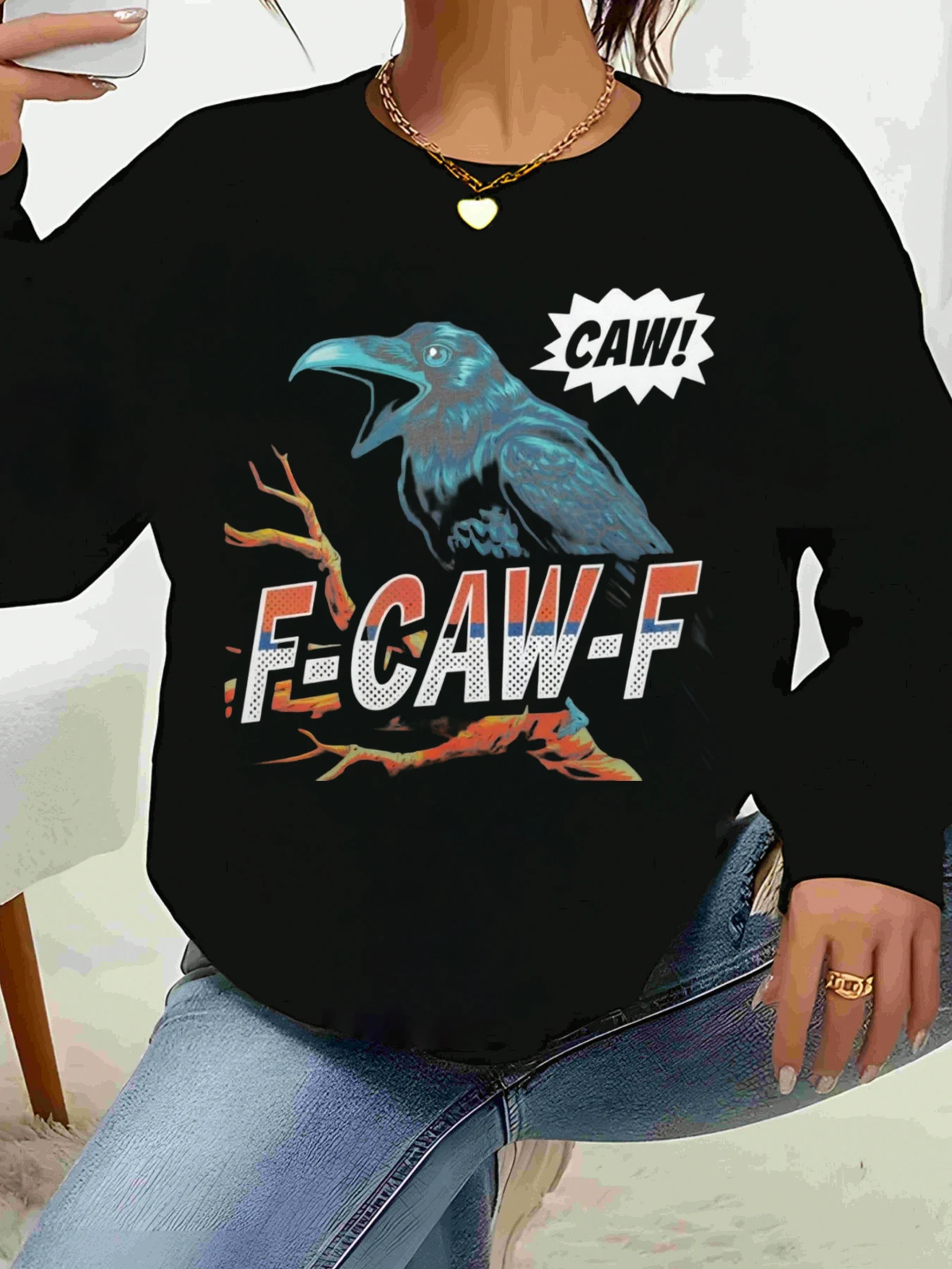 

Толстовка с длинными рукавами и принтом Crow F Caw F, повседневная одежда на Хэллоуин, женская одежда