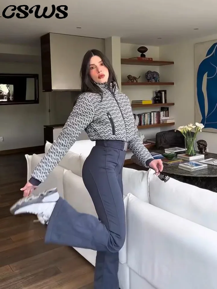 أنيقة طباعة رشاقته بذلة التزلج المرأة شيك كم كامل الوقوف طوق سستة حزام طويل رومبير موضة الدافئة عالية الخصر السروال القصير #1