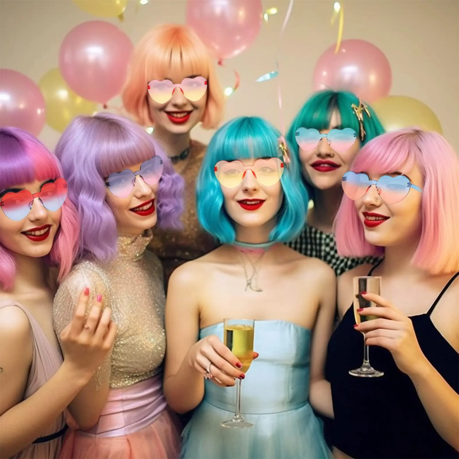 12/24/48Pcs Bachelor Party Sunglasses Heart Shaped Rimless Sunglasses Bulk Gradient Colorful Fun Sunglasses for Party Favor