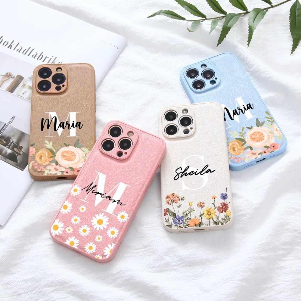 Personalize o caso à prova de choque da textura de couro do nome personalizado para o iphone 13 12 11 pro max x xs 7 8 mais capa proteção da câmera completa