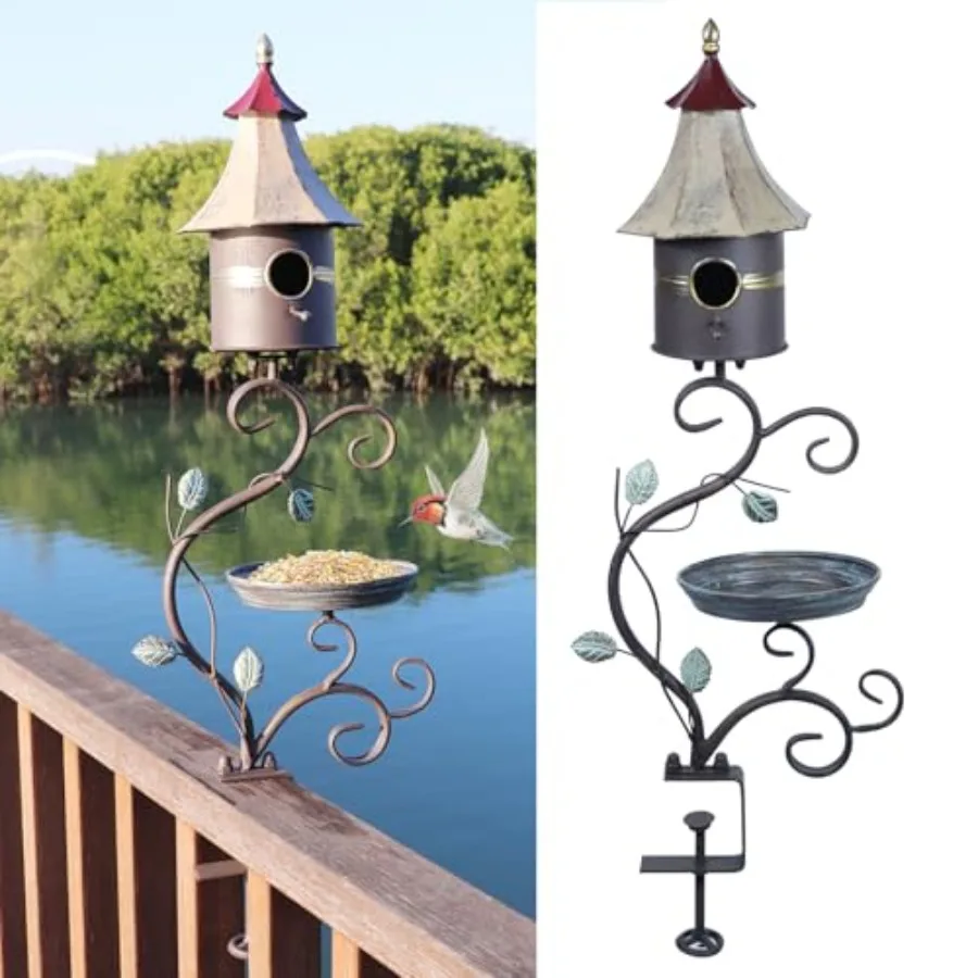 

HLQMFHT Deck Bird Bath Metal Bird Bath and Bird Houses Decorative Deck Mounted Bird Bath Detachable and Adjustable Sturdy Deck