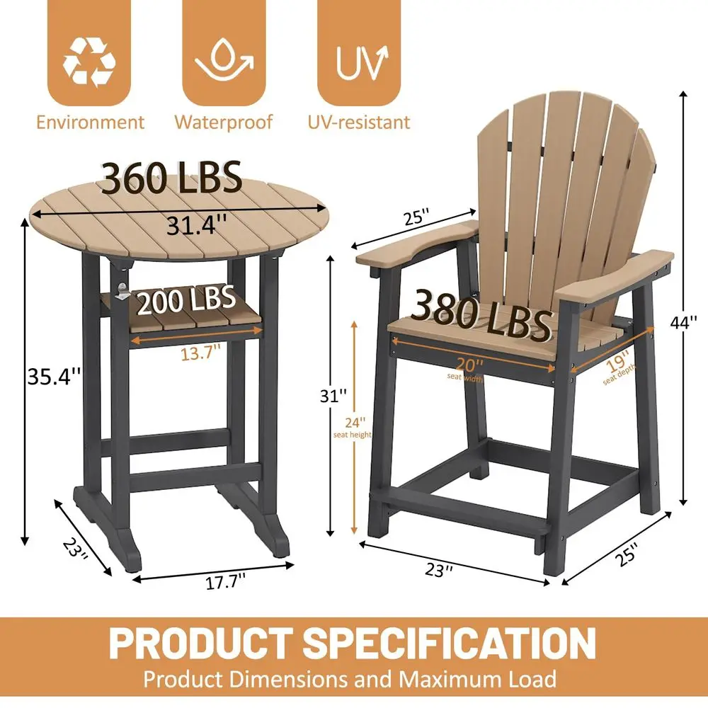 

Outdoor High Top Adirondack Table and Chairs, All Weather Outdoor HDPE Bar Furniture Set for Balcony, Deck, Backyard, Patio, Ga
