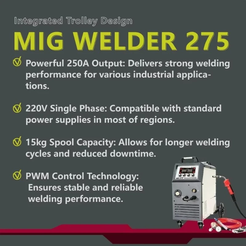 MIG275 Light-duty Industrial MIG/MAG/MMA Welding Machine 275A 220V Dual Voltage 0.8-1.0mm Wire Diameter 1-Phase Welder