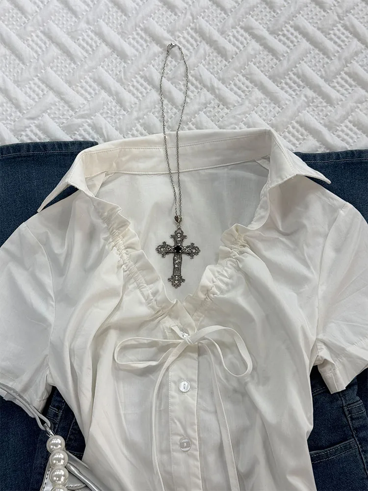 

Original Retro Faion High-End White ort Sve irt Little Jasmine Beautiful Unique Design Casual Sle Cotton Blend Top