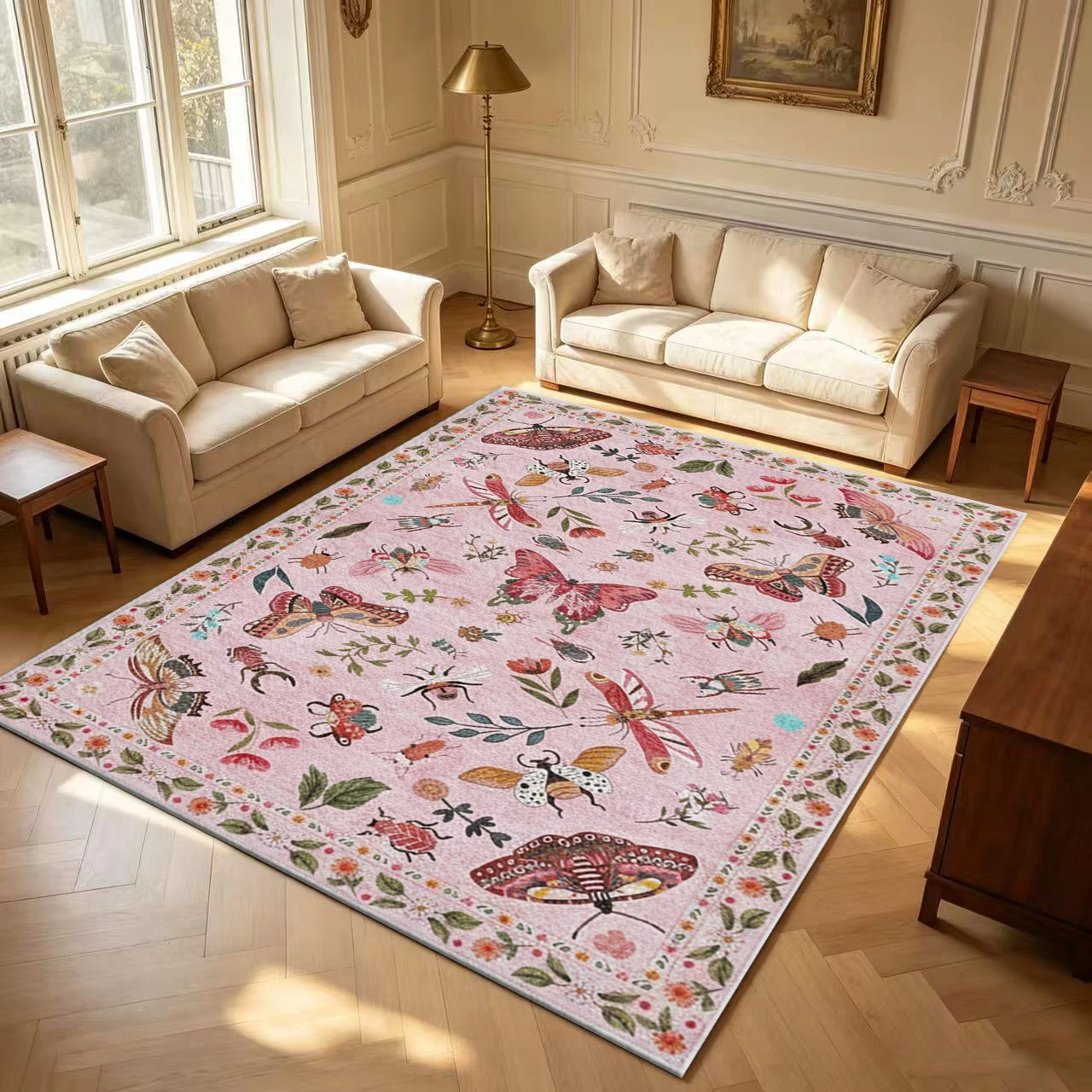 Pink Butterfly Insect Floral Children's Rug