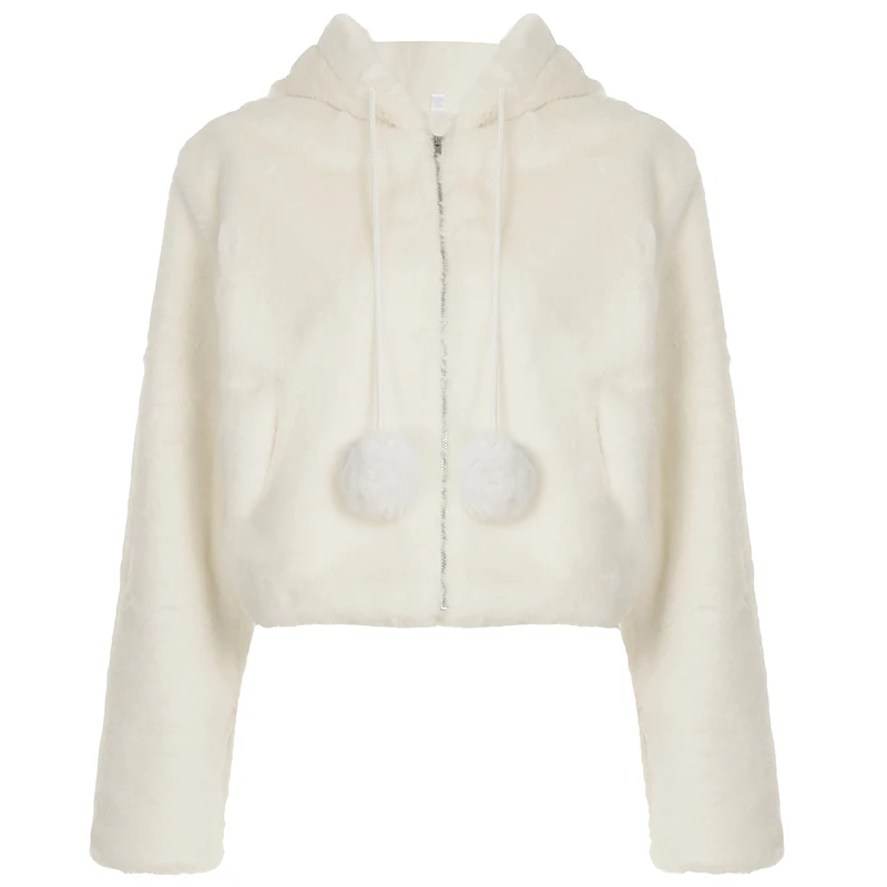 HEprocureur GIATV-Veste Courte en Fausse Fourrure pour Femme, Manteau à Capuche Blanc, Pom-Pom, Fermeture Éclair, Tenues Streetwear, Vêtements Chauds et Décontractés, Mode Hiver