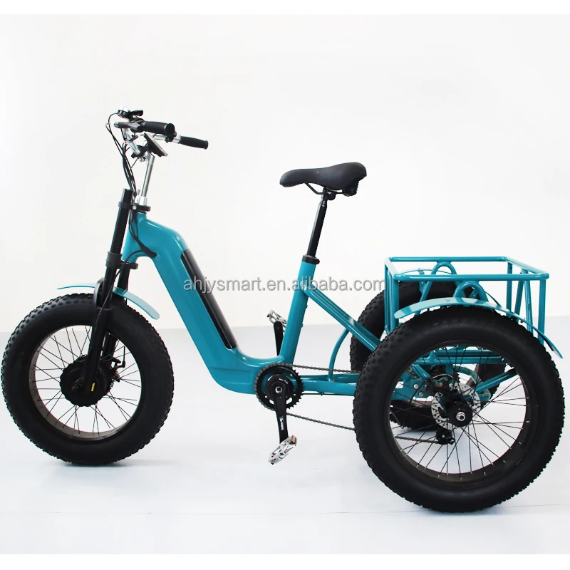 New three wheeled adult freight bicycle with rear basket, 24 inch tricycle fat tires, three wheeled adult tricycle