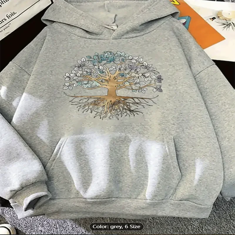 Moletom feminino com capuz árvore da vida, estampa gráfica, casual, cordão grande, moletom com capuz para amantes do estilo espiritual, algodão puro