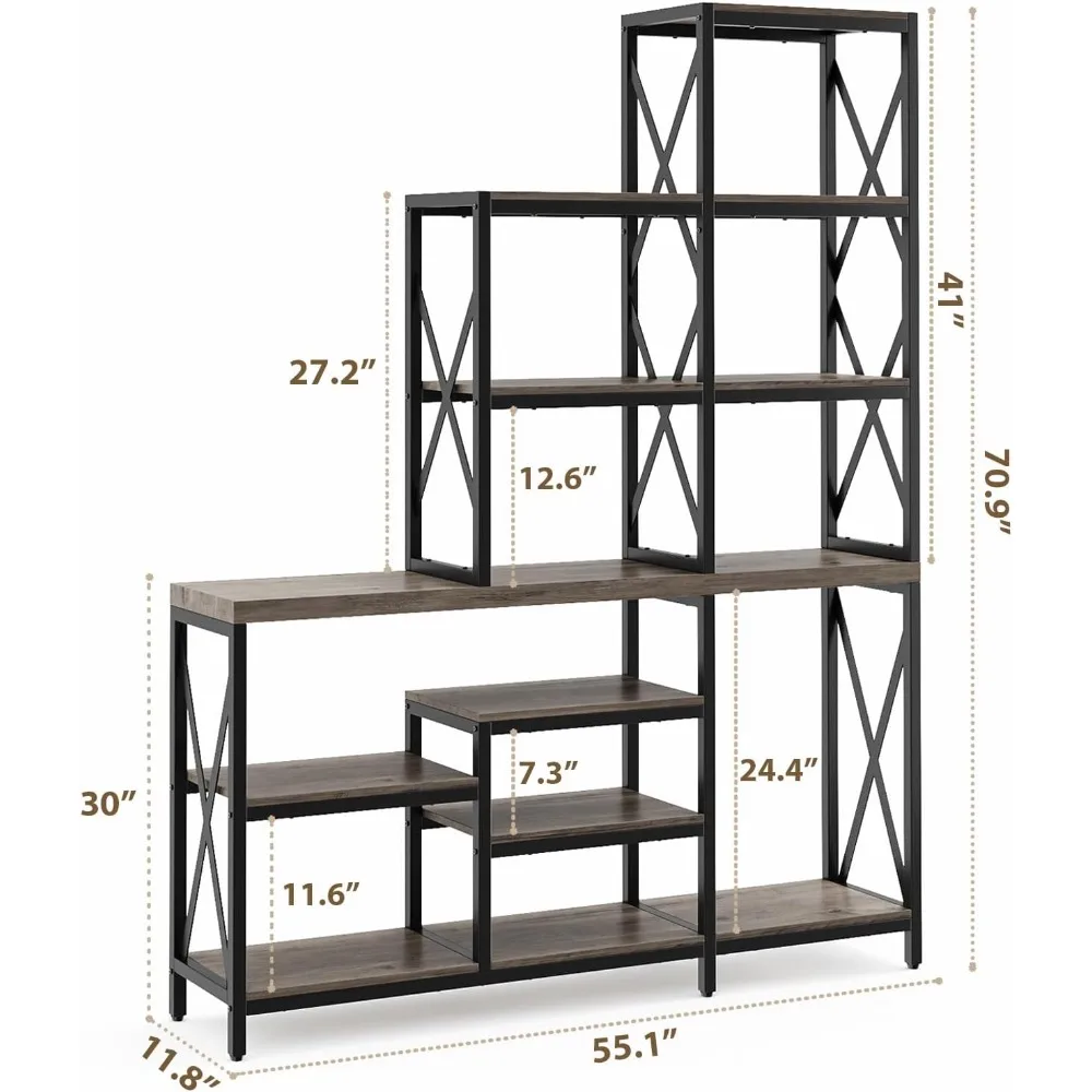 Ladder Bookcase, 14 Storage Shelves, Living Room Bookcase with Metal Frame, Multi-Tier Bookcase, Modern Art Bookcases