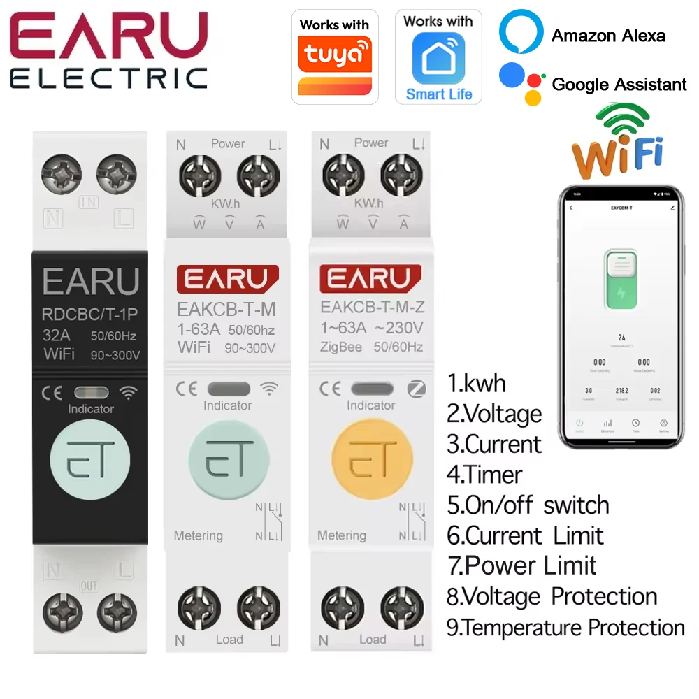 Zigbee tuya wifi disjuntor inteligente sobre corrente sob tensão proteção medição de energia 1-63a interruptor de controle remoto sem fio