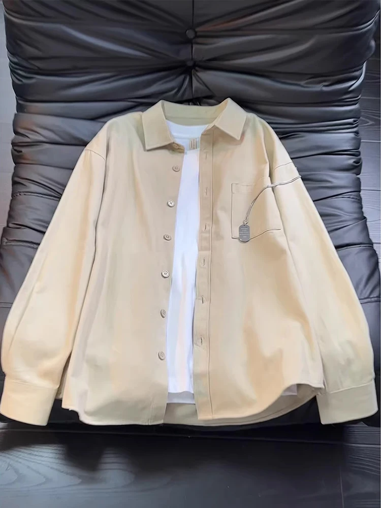 

Khaki Pure Cotton Work irt Men's Casual Long Sve irt Versatile American Collar Layering Japanese Sle Outerwear