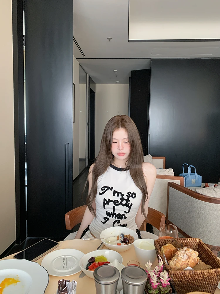 

Женская майка Sasaouni с цветными блоками и надписью, летняя новинка, приталенный крой, из смесового хлопка и полиэстера