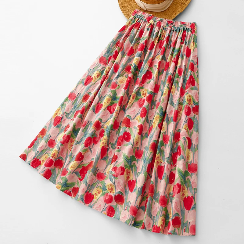 

Винтажная юбка 2026 года с бирюзовым цветочным принтом, женская летняя модная универсальная юбка А-силуэта миди, повседневная юбка для отпуска и пляжа