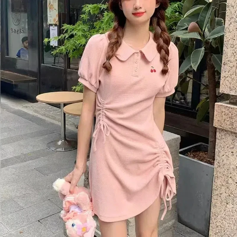 Korean Peter Pan Collar Fashion Solid Color Sweet Summer Short Sleeve Slim Draw Rope Hotsweet Bag Hip Knee Skirts Fairy Dress