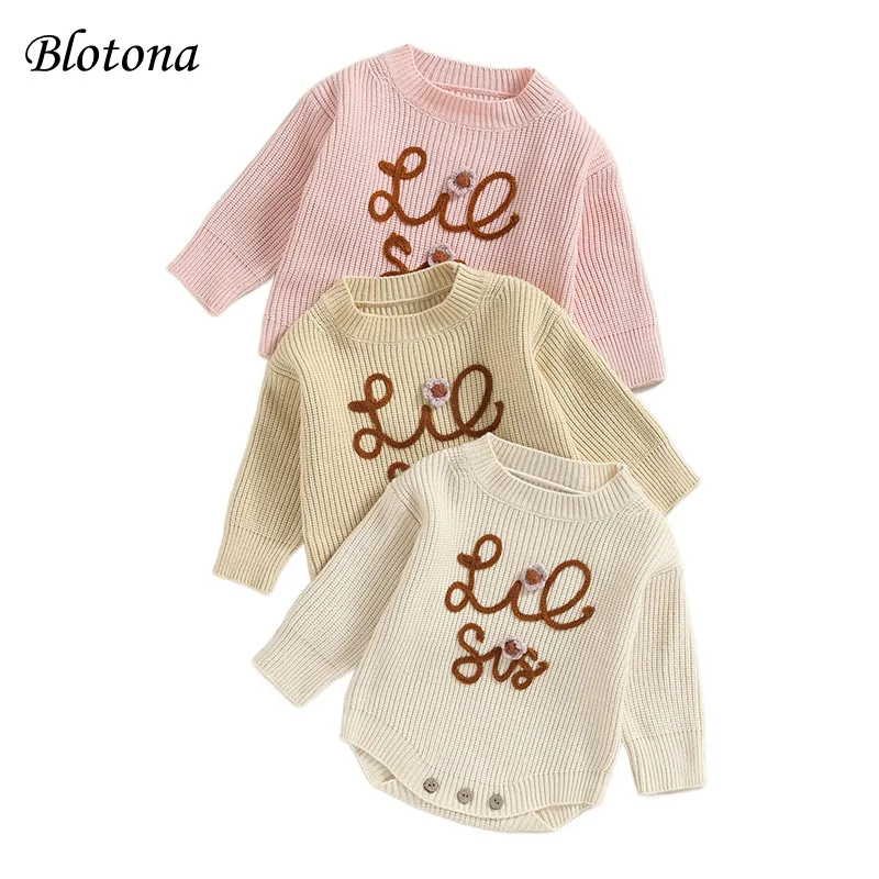 

Blotona Newborn Baby Knitted Long Sleeve Autumn Winter Sweater Romper, O-Neck Letter Flower Embroidery Crotch Button Bodysuit