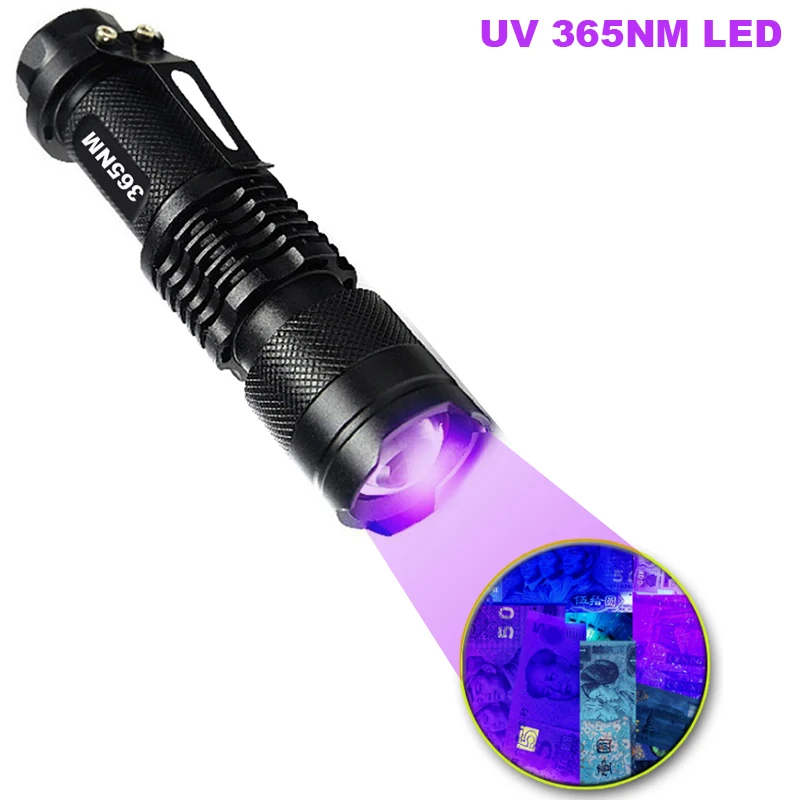 ALIDGWH MINI LED UV Violet Flashlight 365nm Zoomable Aluminum Purple Torch Light by 14500 Battery for Detect Fluorescent