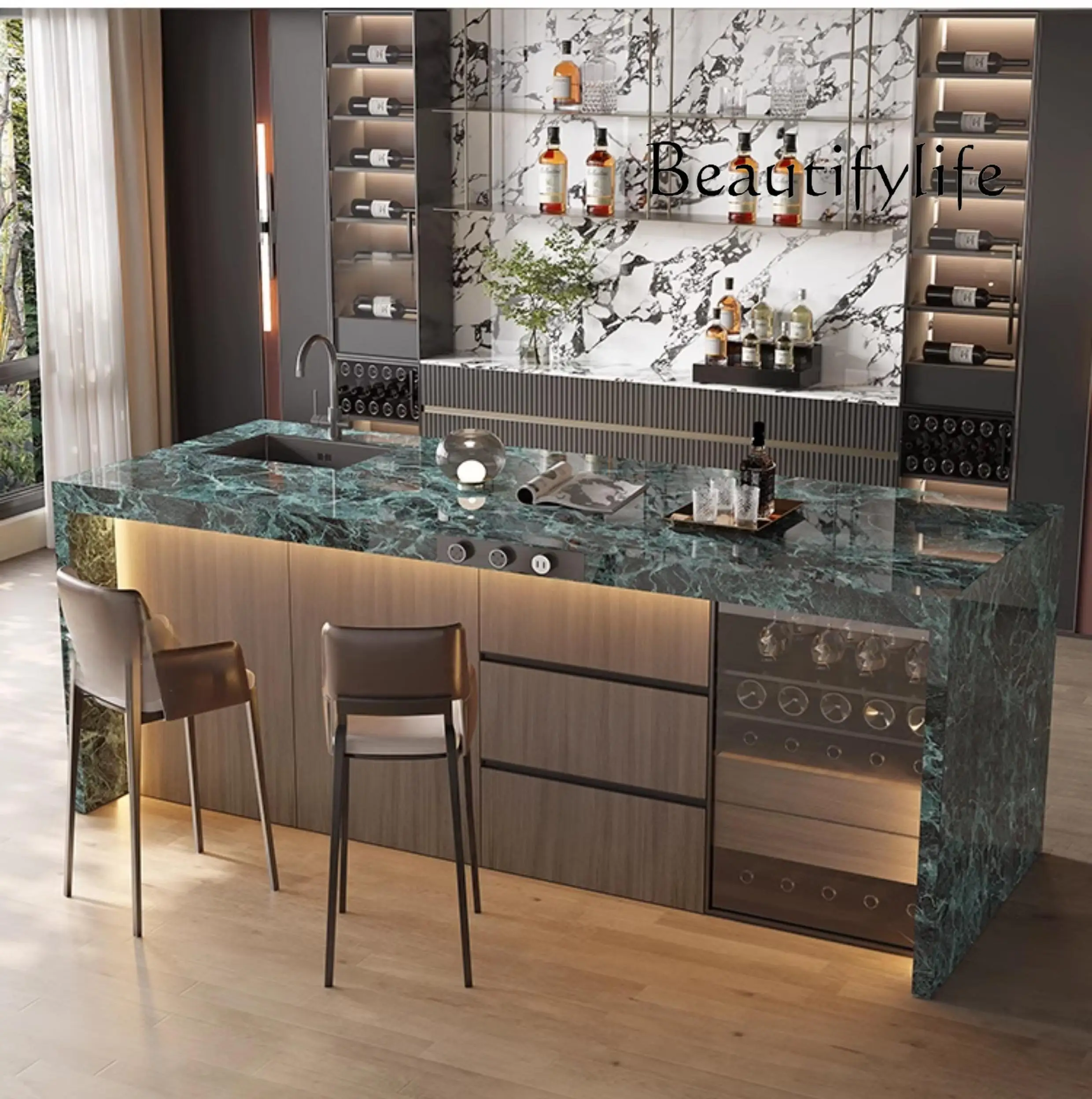 

Compact Marble Island Dining Table - Custom Kitchen Peninsula for Small Space, Open-Concept Kitchen Countertop with Stone Tablet