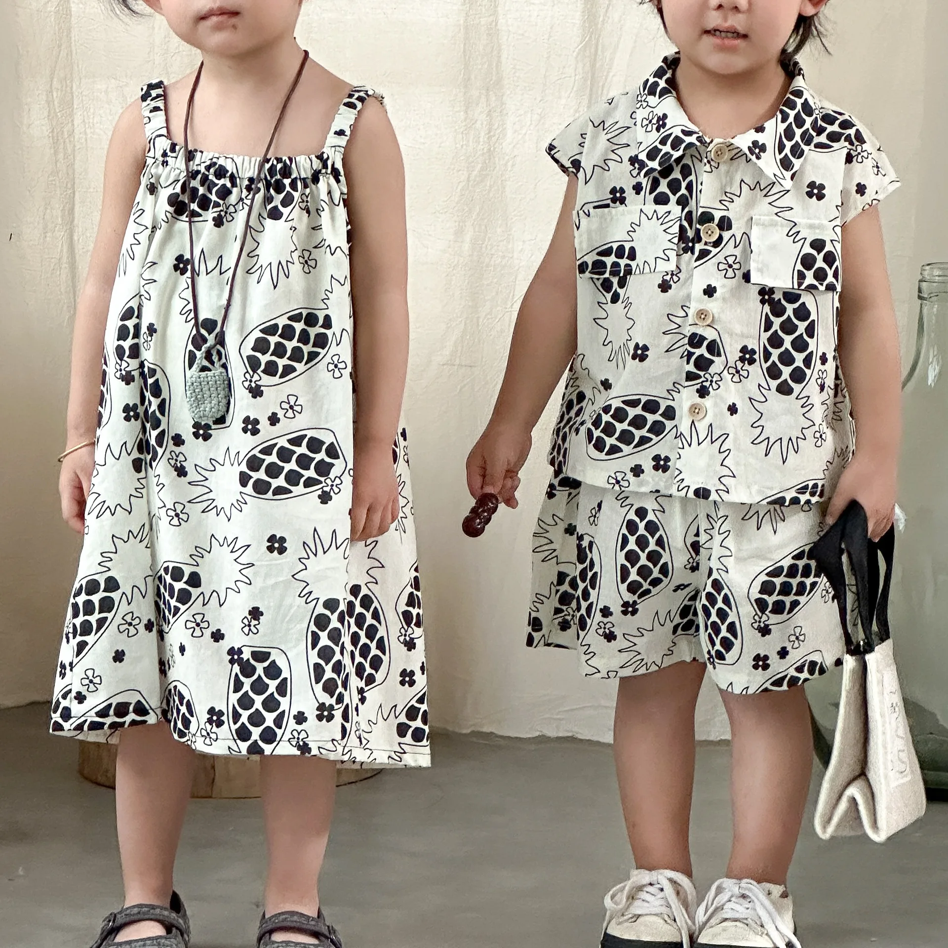 

2026 Summer New Children Short Sleeve Clothes Set Boys Shirts + Shorts 2pcs Suit Girls Sling Dress Brother And Sister Clothes