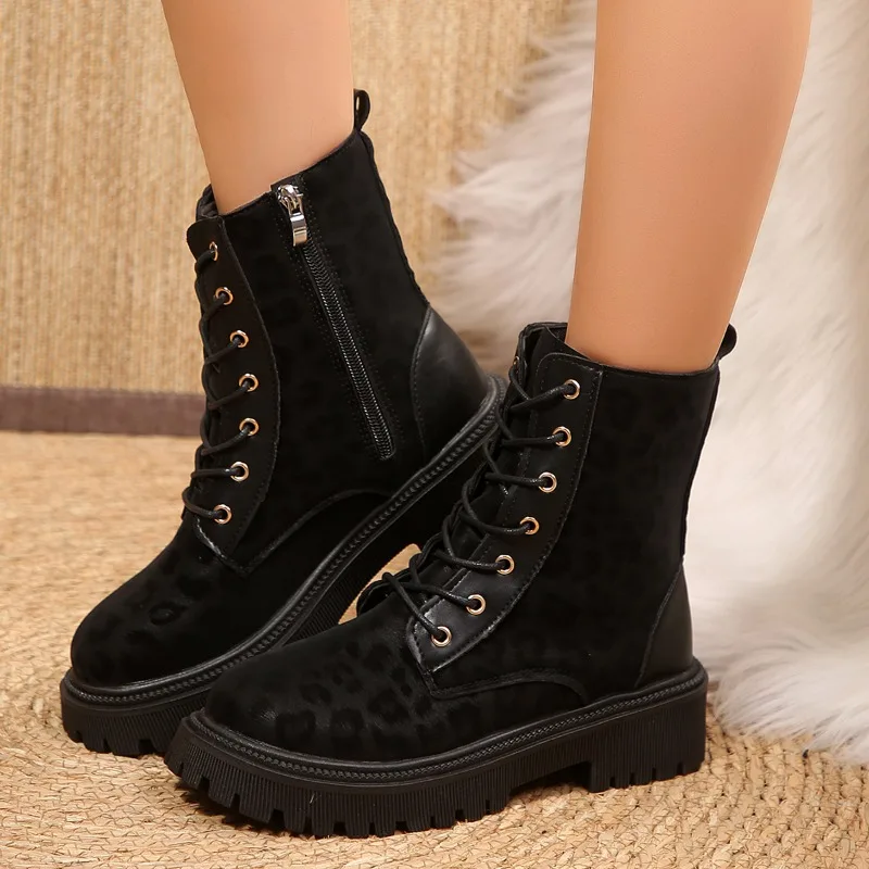 Women Round Toe Lace‑Up Combat Ankle Boots Side Zipper Thick Lug Sole Glossy Matte Black Plush Lined Warm Winter Short Boots