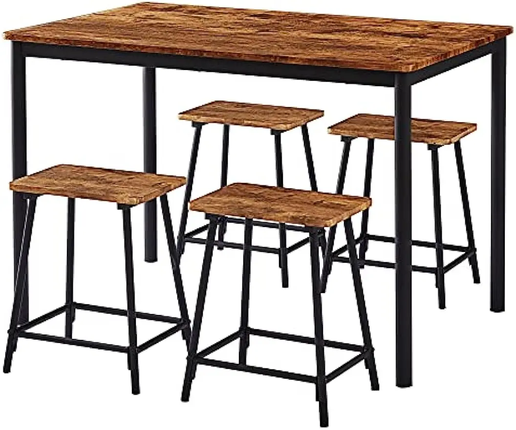 

5 Piece Set Rectangular Bar Dinette Metal and Wood Kitchen Furniture with 4 Stools for Restaurant, Living Room, Space Saving