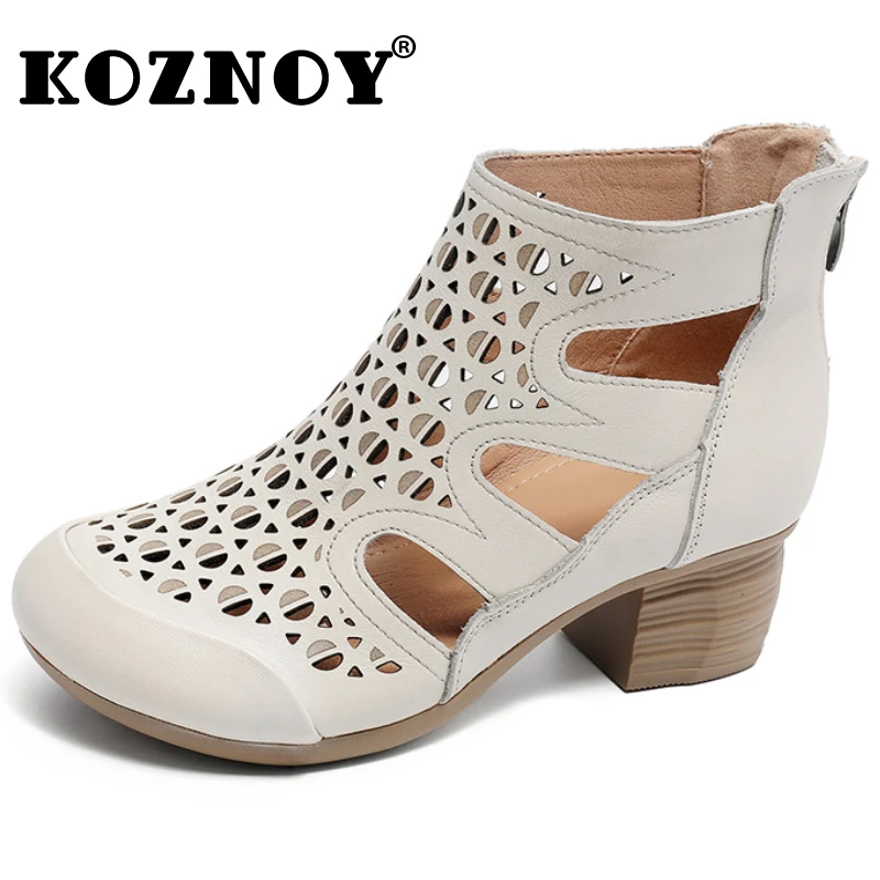 

Koznoy 4cm Hollow Ethnic Genuine Leather Fashion Booties Summer Women Ankle Boots Chunky Heels Rubber Breathable Sandals Shoes