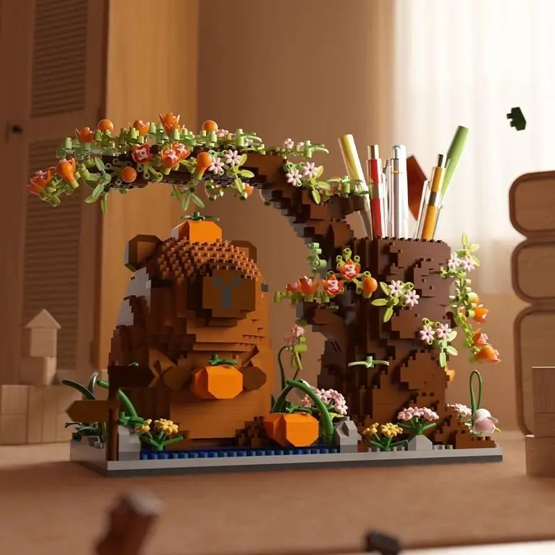 Capybara Treehouse Pencil Holder Mini Particle Building Blocks, DIY Assembly Toy, Desktop Decoration Birthday Gift