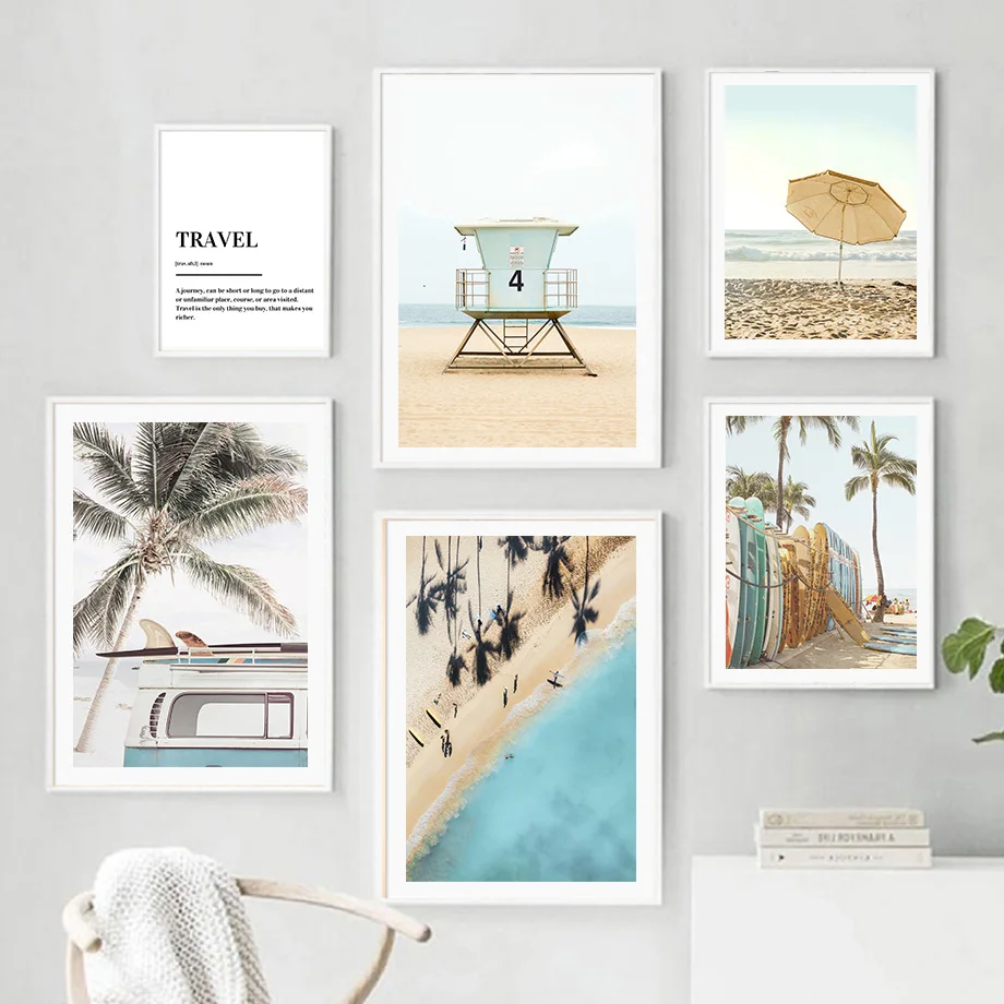 Coastal Beach Wall Art Summer Surf Canvas Prints Neutral Palm Tree Ocean Posters Lifeguard Tower Surfboard Living Bedroom Decor