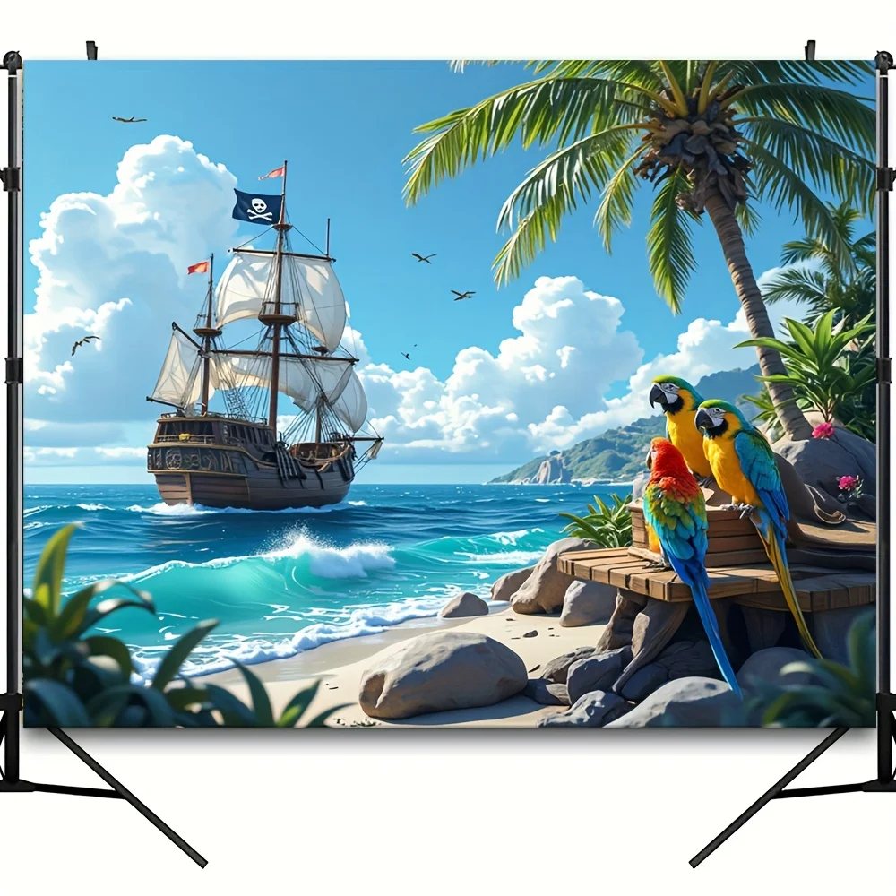 1 Stück lebendige tropische Piratenschiff- und Papageien-Polyester-Wandteppiche – für Wohnzimmer, Schlafzimmer, Büro und Party-Dekoration