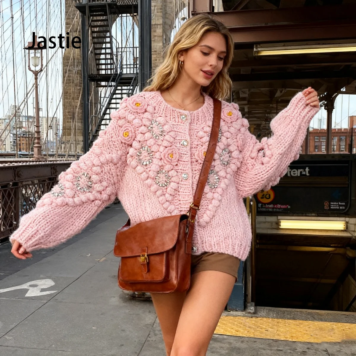 

Bohemian Three-dimensional Flower Hand-crocheted Pink Sweater Knitted Women's Thick Warm Autumn And Winter Sweater Cardigan Coat