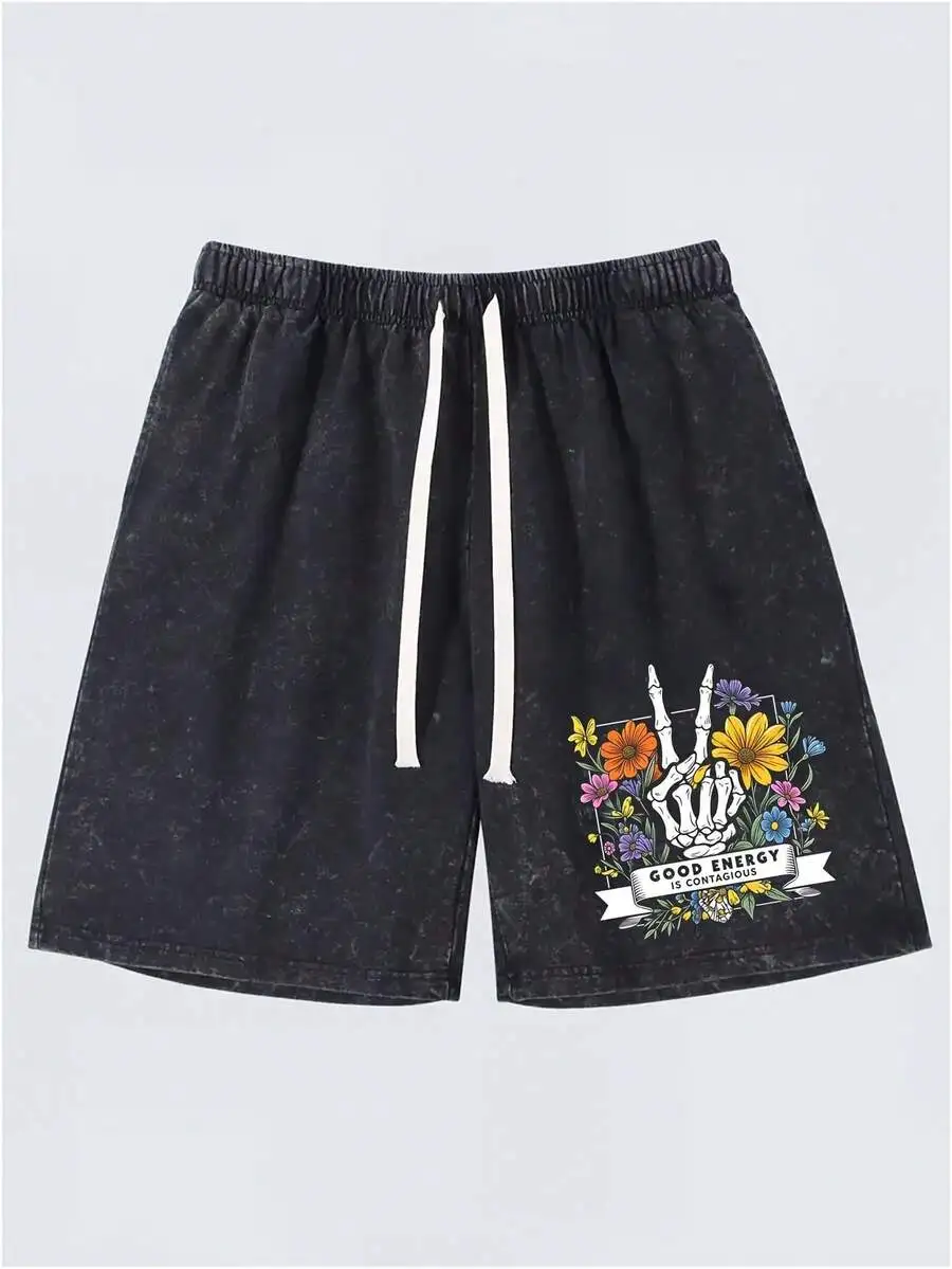 Skeleton Peace Sign Graphic 290G 100% Cotton Men's Washed Shorts - Distressed Black Denim With Elastic Waist & Drawstrings,