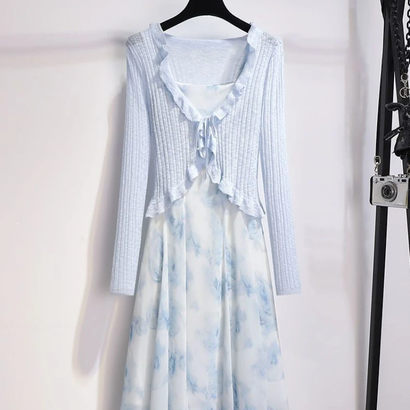 

2025 Summer Women Dress Sets Casual Elegant Matching Sets Two Piece Sets Long Sleeve Top Sleeveless Dress Outfits Suits