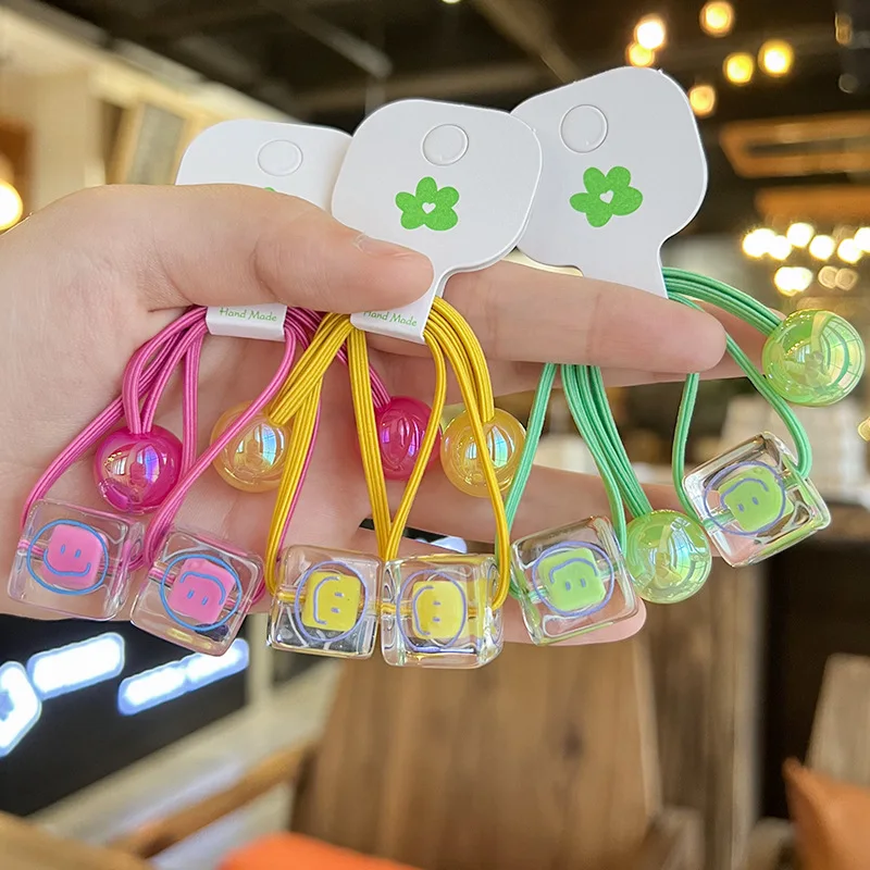 Kids Hair Ties Colorful Block Smiley Face Beaded High Elastic Durable Sturdy Soft Cute for School Girls Daily Use