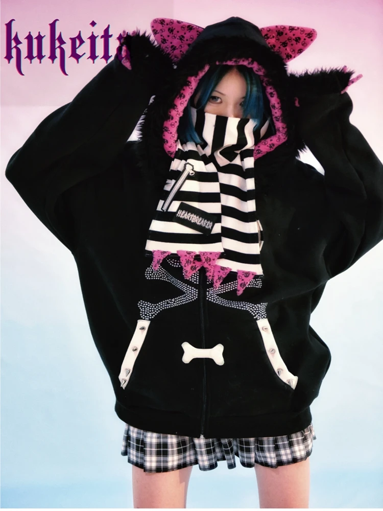 Imagem -02 - Jaqueta Gótica com Estampa Caveira Feminina Cabolsa com Capuz Manga Comprida Quente Y2k Punk Streetwear Feminino Harajuku Inverno