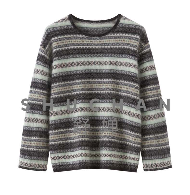 

310 г матовый винтажный свободный жаккардовый пуловер из 100% чистого кашемира Fair Island Lazy 2025 осенне-зимний женский вязаный свитер