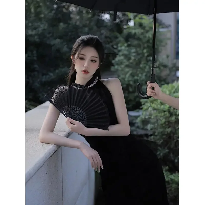 

New Chinese Style Retro Improved Cheongsam Women's Summer Black Halter Dress Vintage Elegant Qipao Dresses Female Vestidos