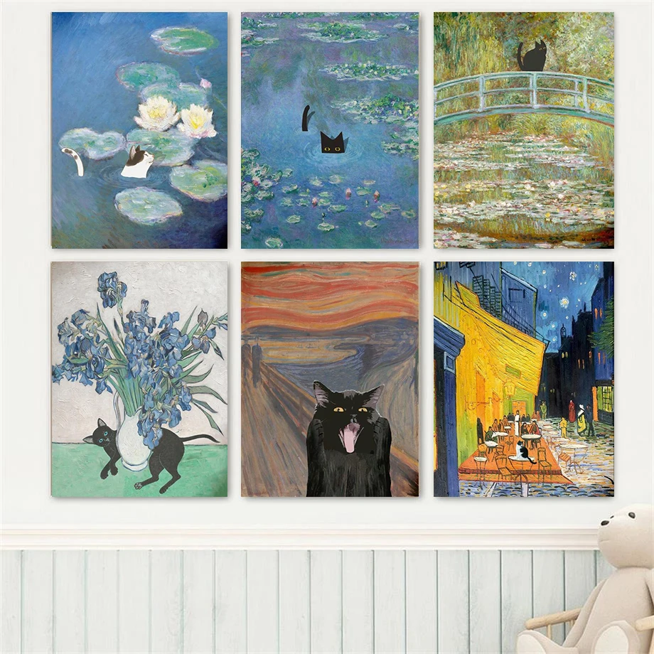 Monet Water Lily Cat Printing Funny Black Cat Poster Printing Canvas Wall Art Van Gogh Cafe Terrace Living Room Home Decoration