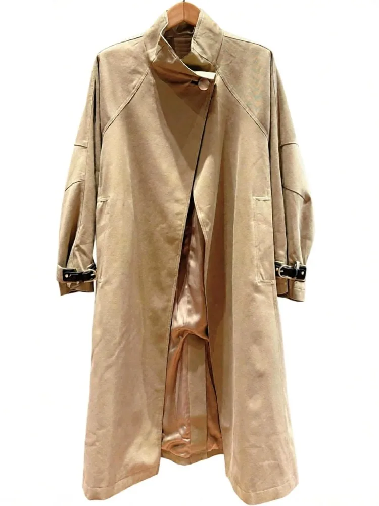 British One Button Buckle Strap Long Sleeves Trench Fashion Solid Color Stand Collar Loose Overcoat Office Ladies Windbreakers