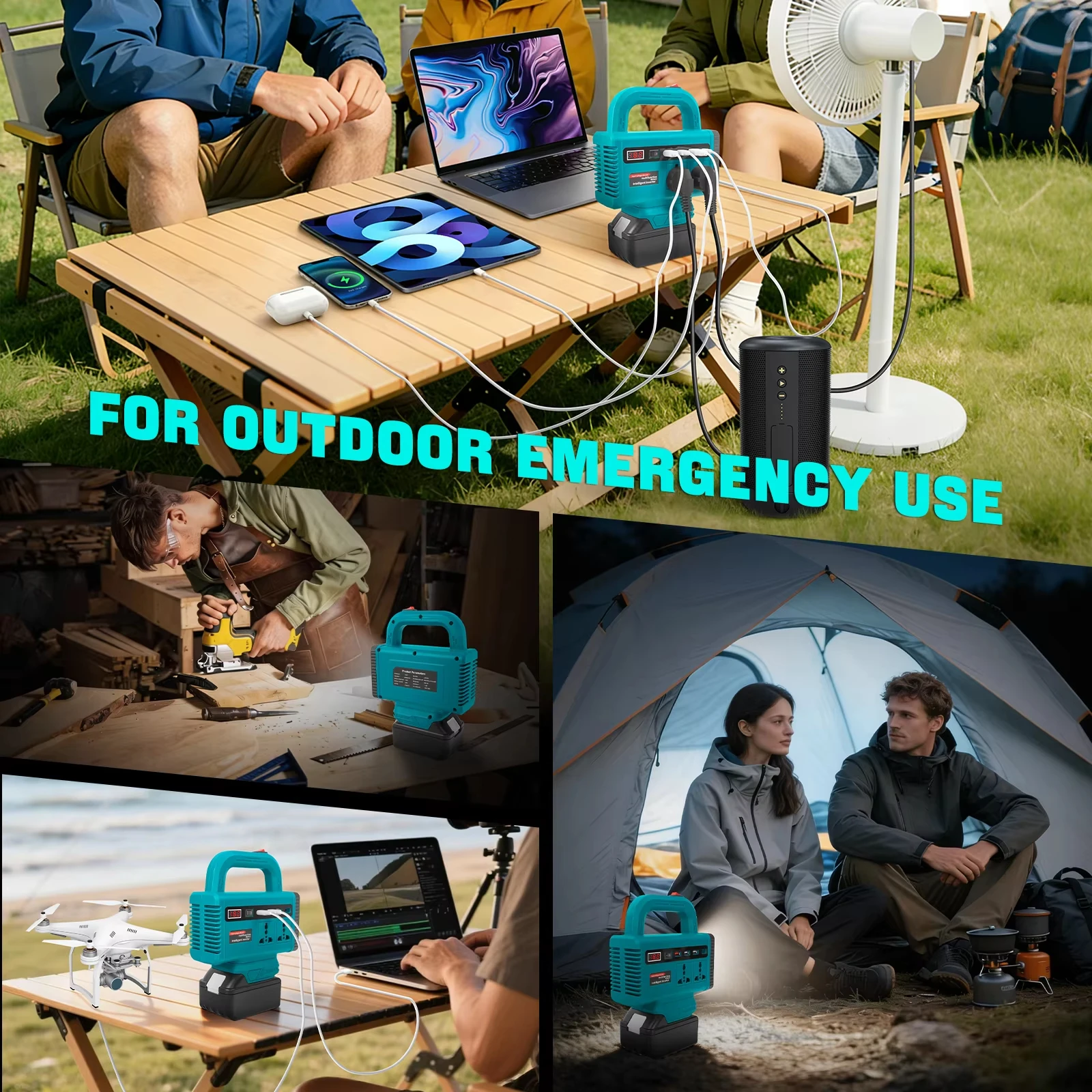 150W Tragbarer Stromwechselrichter für Makita 18V Batterie, DC18V zu AC220V Konverter, LED-Licht, USB-C Camping-Powerstation, ohne Batterie – Detail 7