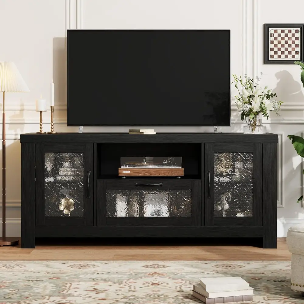 

Тумба под телевизор в стиле фермерского дома для телевизоров до 60 дюймов, деревянный медиацентр с акриловыми дверцами и шкафами для хранения, регулируемые полки, прочная конструкция