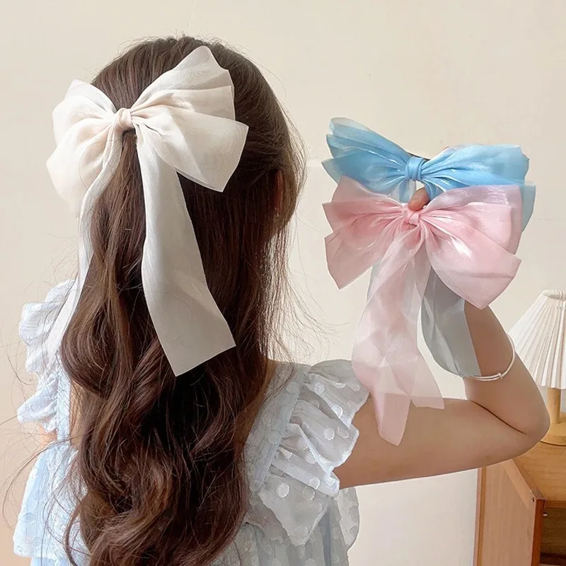 Women Elegant Mesh Gauze Big Bow Ribbon  Hair Clips Solid Color Satin Party Princess style Hair Accessories