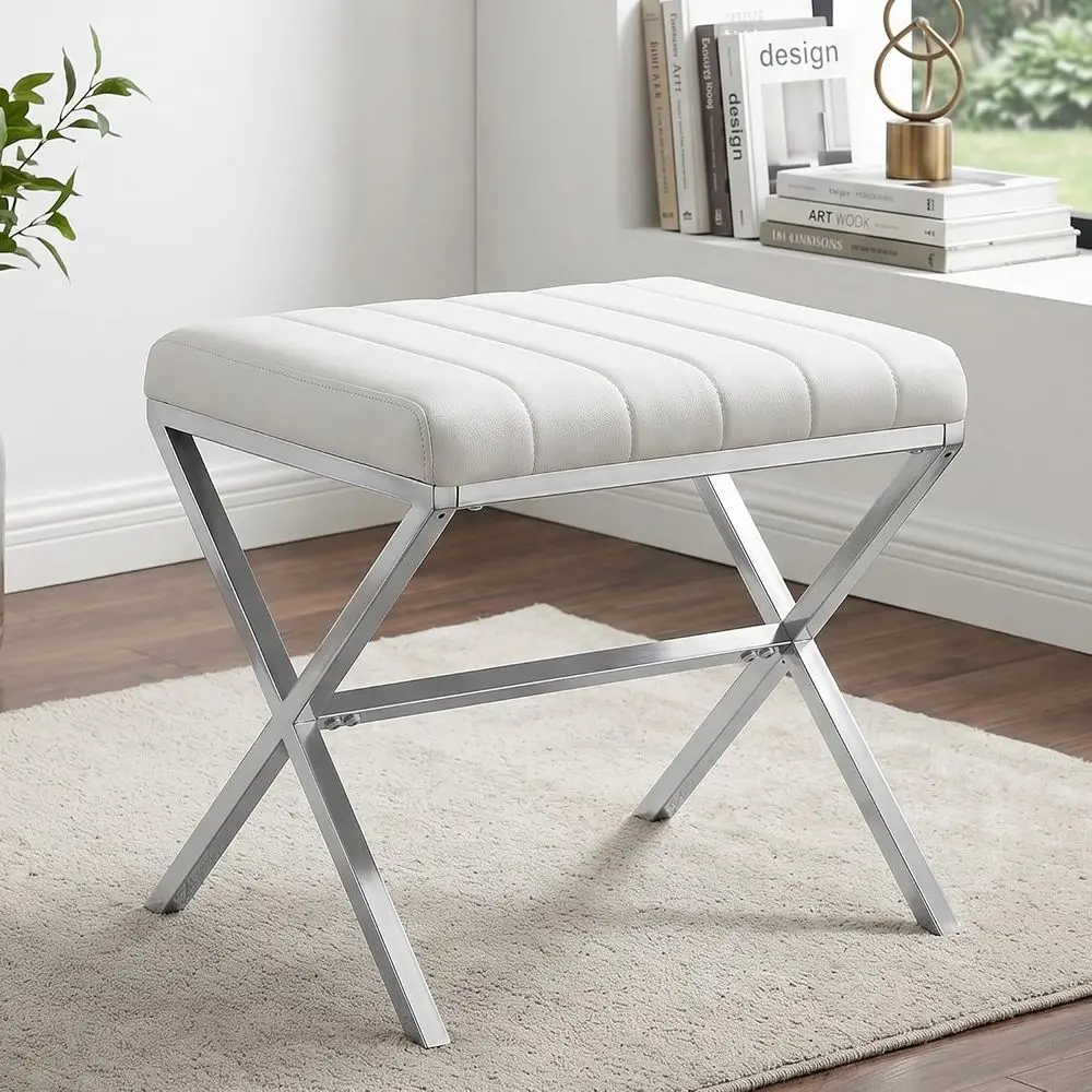 Padded PU Leather Vanity Stool with Metal Legs, Suitable for Makeup, Living, and Bathroom Use, White