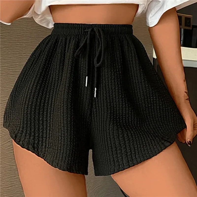 Women Shorts Summer High Elastic Lace Up Drawstring Wide Leg Sweat Fitness Running Shorts Loose Casual Large Sports Pants