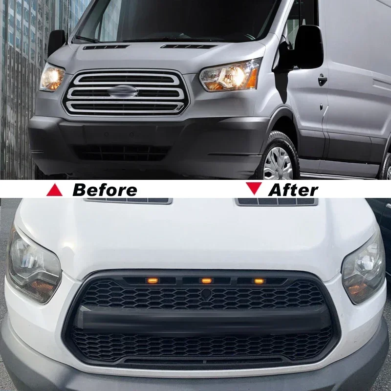 Fit for the 2014-2021 Ford Transit The front grille Upper bumper with LED lights is suitable  European version grille