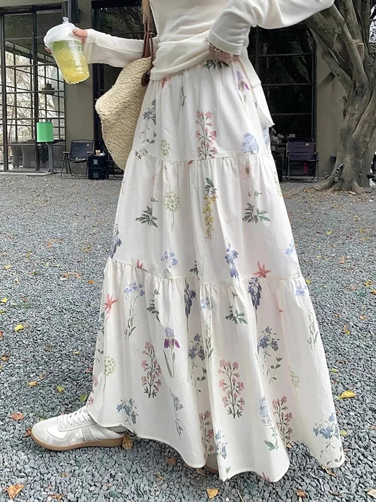 

Floral Long Skirts Women Sweet High Waist Fashion Elegant A Line Skirt Casual Preppy Style French Loose Chic Skirt New