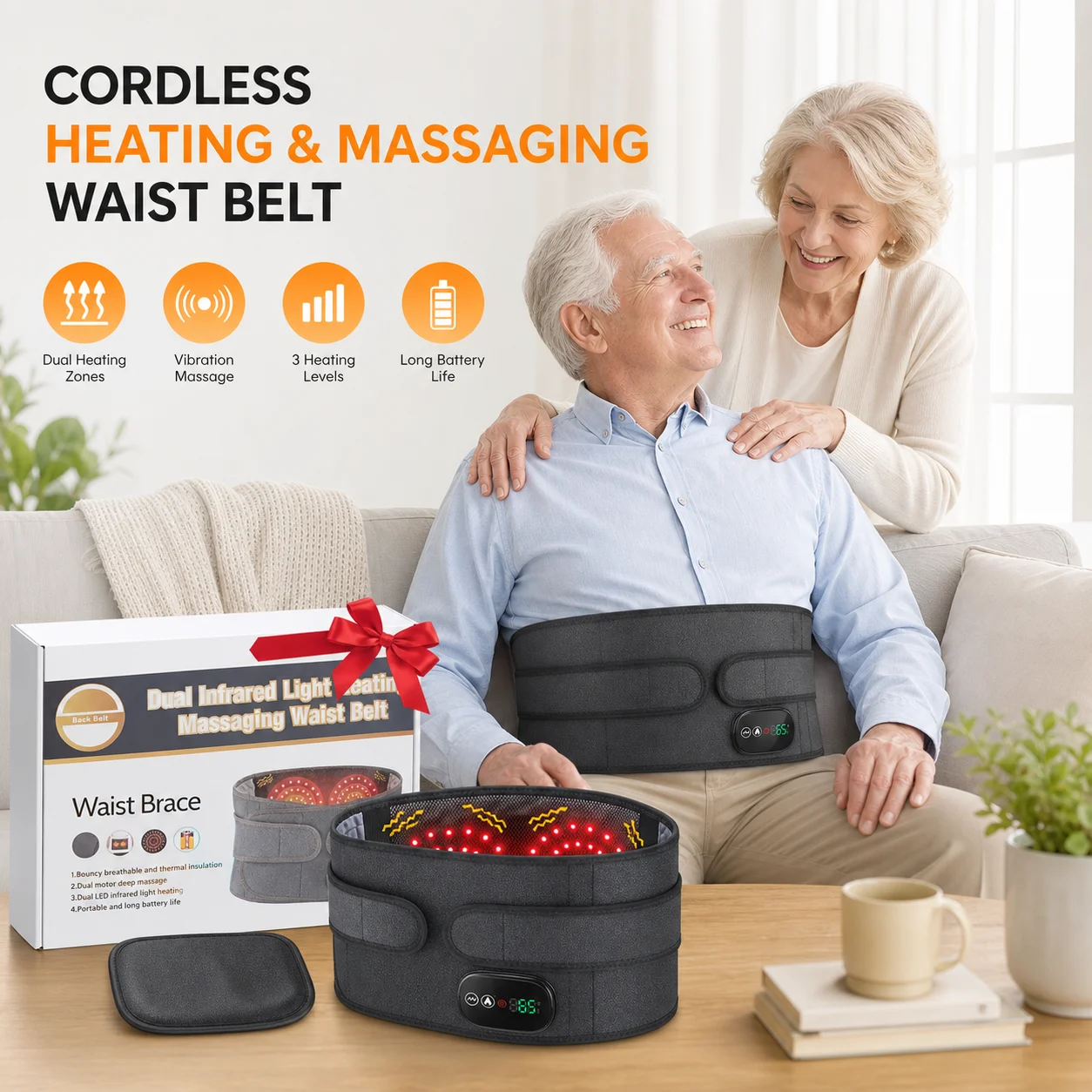 Cordless Back Massager with Heat, Red Light Vibration Waist Belt Touch Screen 3 Modes Rechargeable for Office Home Elderly