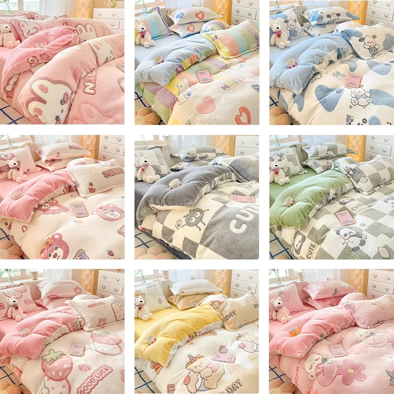 

Winter Milk Snowflake Velvet Four Piece Set Cartoon Thick Plush Duvet Set Coral Velvet Dormitory Bed Sheet Three Piece Set